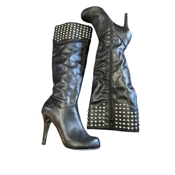 BCBGENERATION Black Knee High Vegan Leather Studded Stiletto Boots 7.5 - Picture 1 of 5